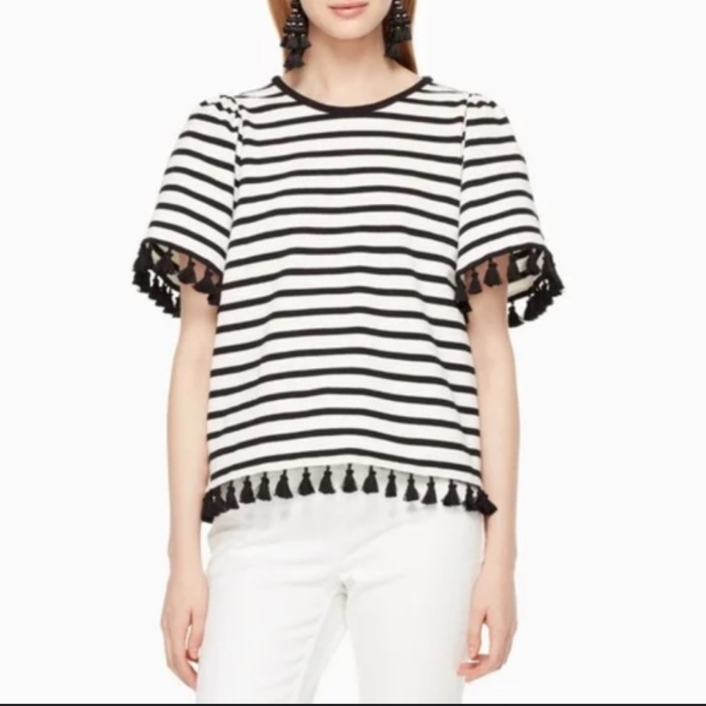 Kate Spade Striped Black and White Tassel Top